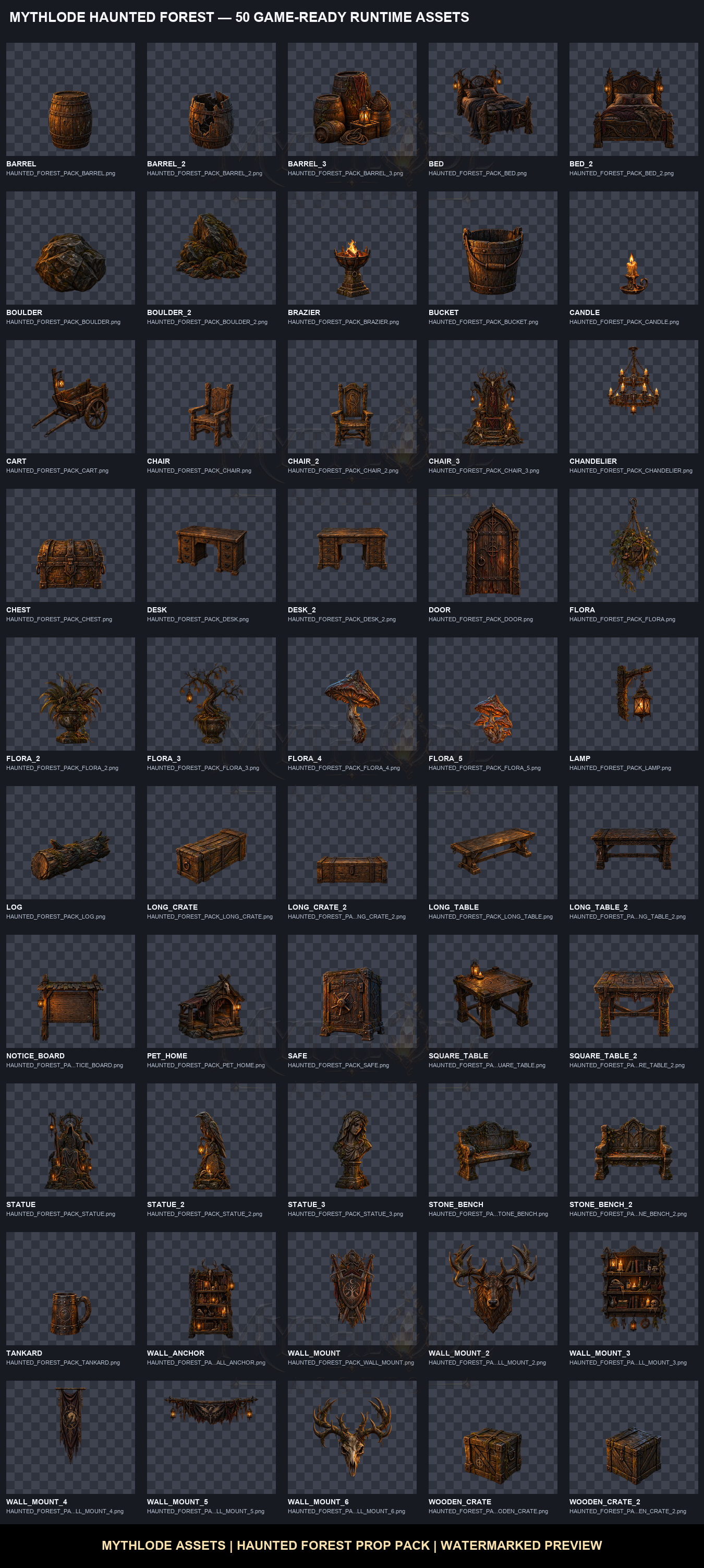 All 50 Haunted Forest props on a watermarked contact sheet