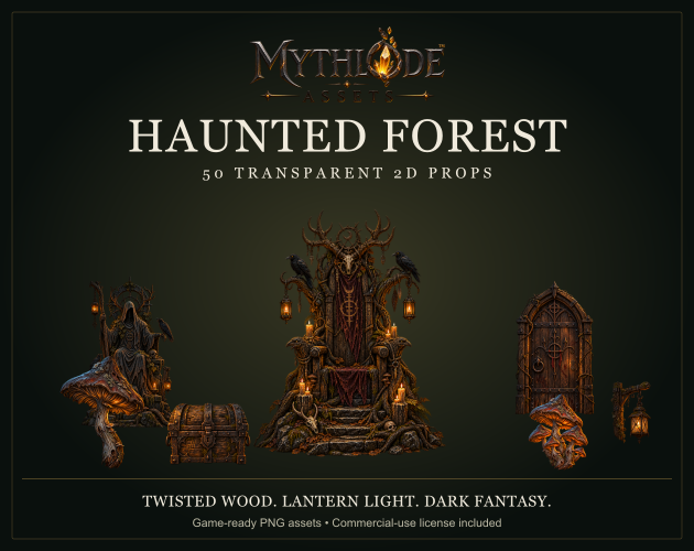 Haunted Forest cover with throne, twisted tree, doorway, mushrooms, chest and lantern