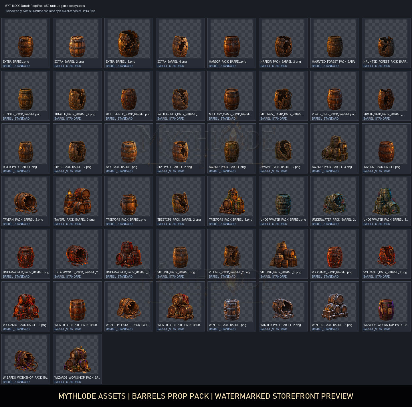 MYTHLODE Barrels Prop Pack watermarked asset contact sheet