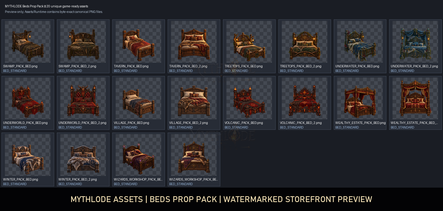 MYTHLODE Beds Prop Pack watermarked asset contact sheet