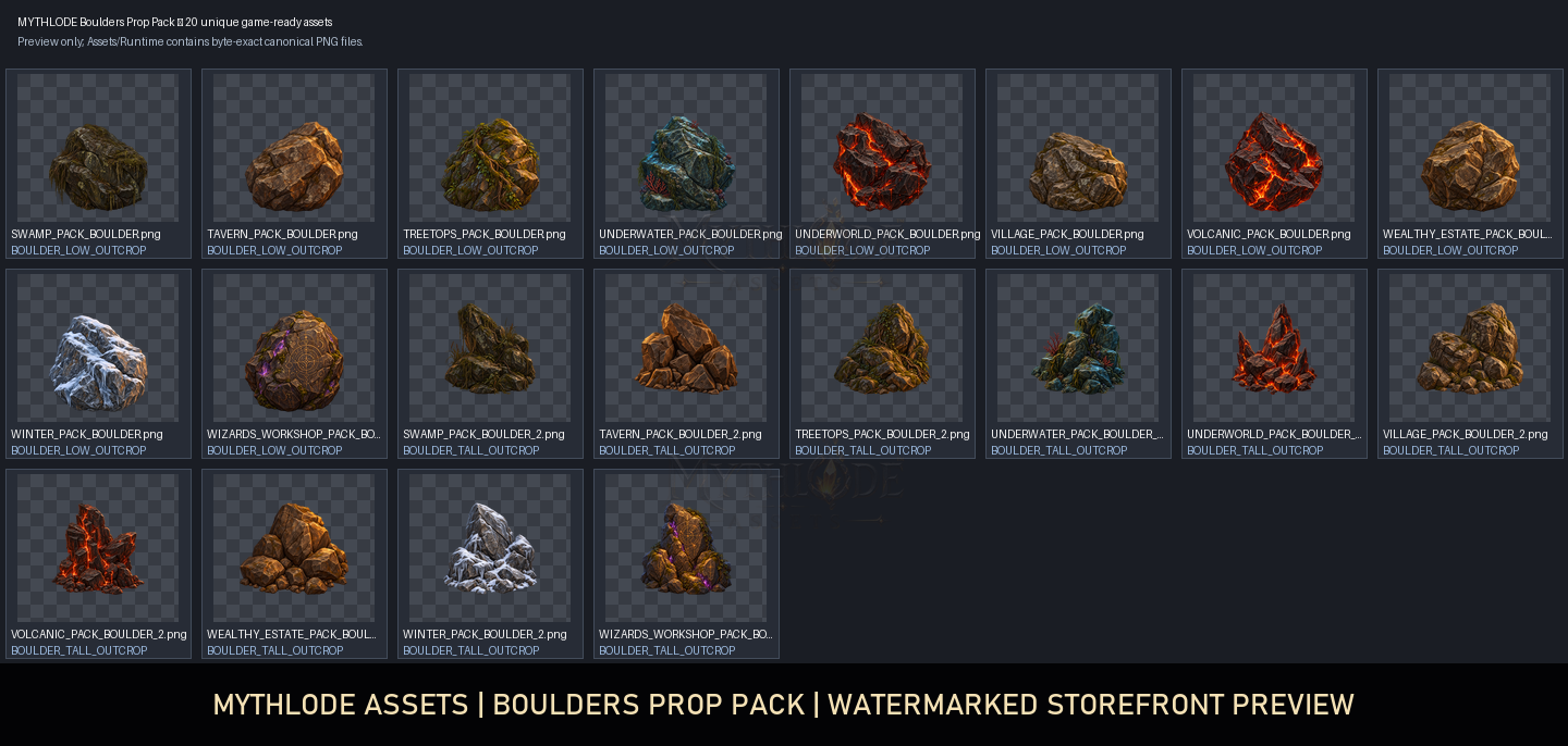 MYTHLODE Boulders Prop Pack watermarked asset contact sheet