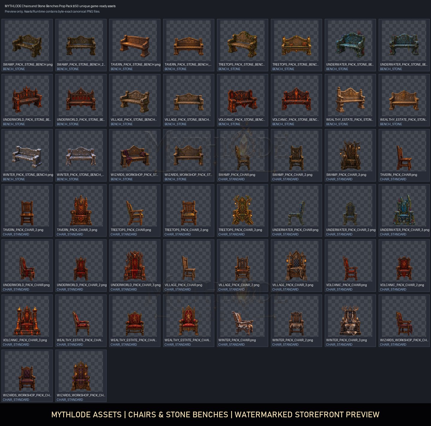 MYTHLODE Chairs & Stone Benches Prop Pack watermarked asset contact sheet