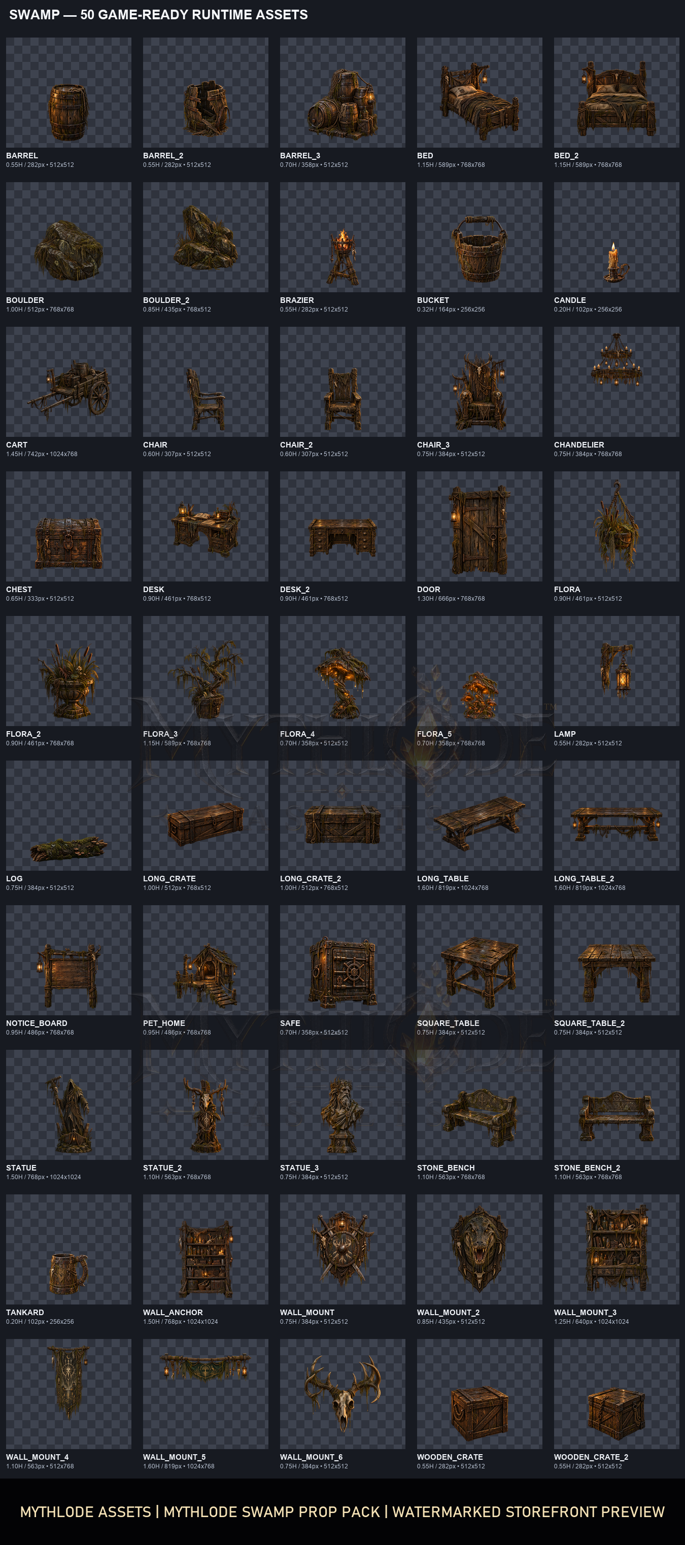 MYTHLODE Swamp Prop Pack watermarked asset contact sheet