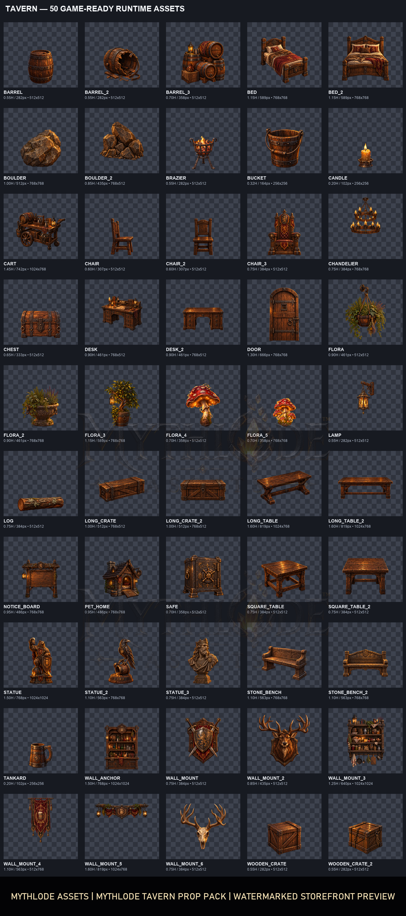 MYTHLODE Tavern Prop Pack watermarked asset contact sheet