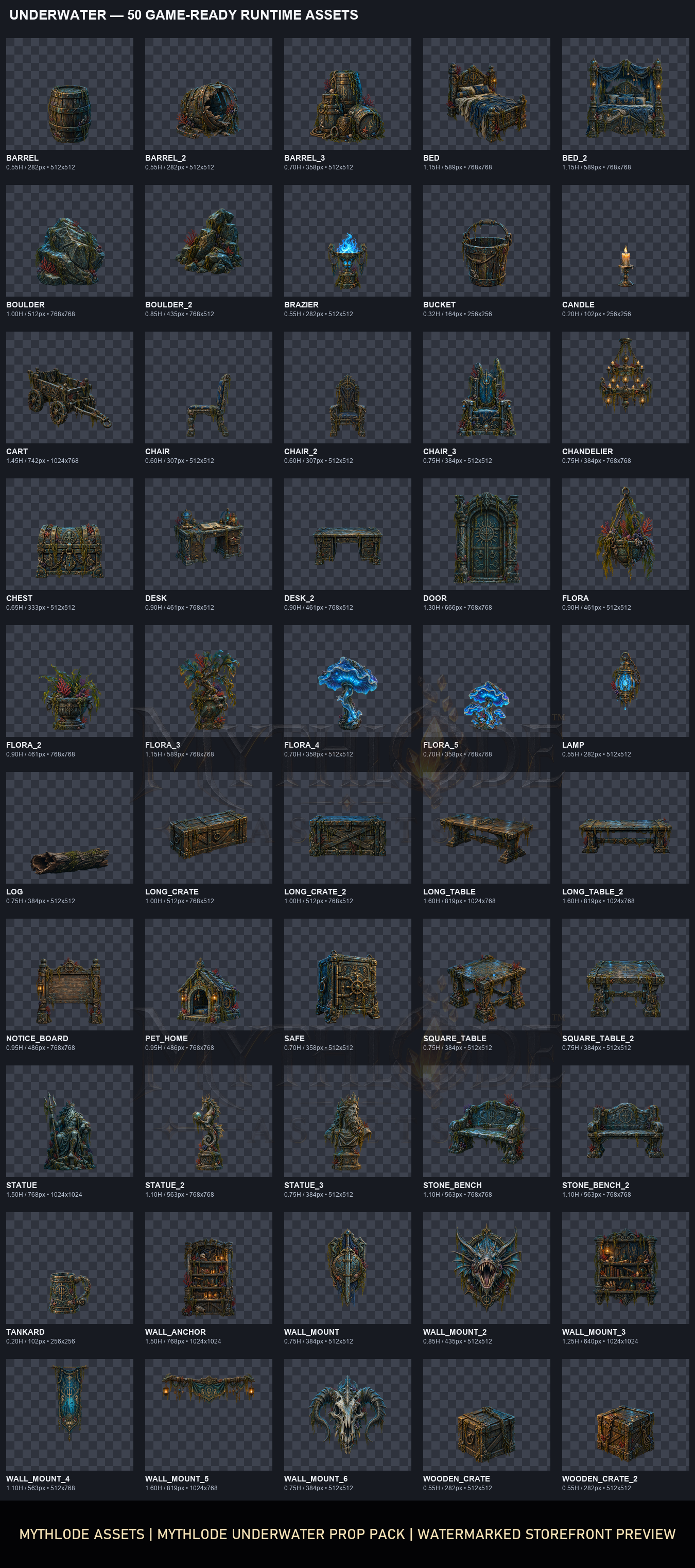 MYTHLODE Underwater Prop Pack watermarked asset contact sheet